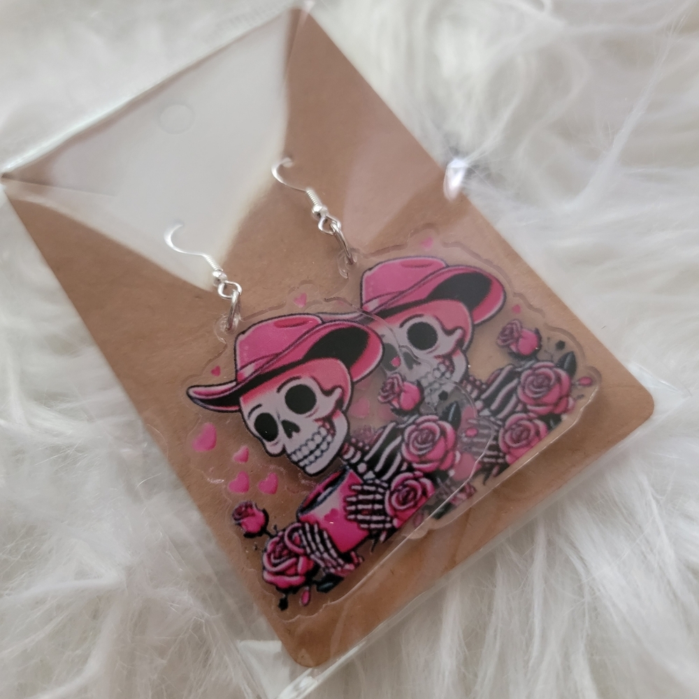 Pink Skeleton Cowboy Earrings